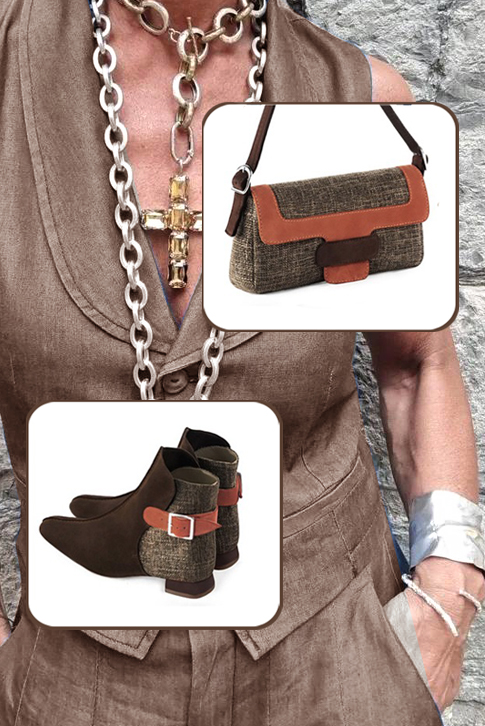 Dark brown and terracotta orange women's ankle boots with buckles at the back. Square toe. Flat flare heels. Top view - Florence KOOIJMAN